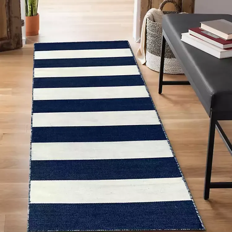Outdoor Rugs-Kirklands Home Navy Cabana Stripe Indoor/Outdoor Runner, 2x8