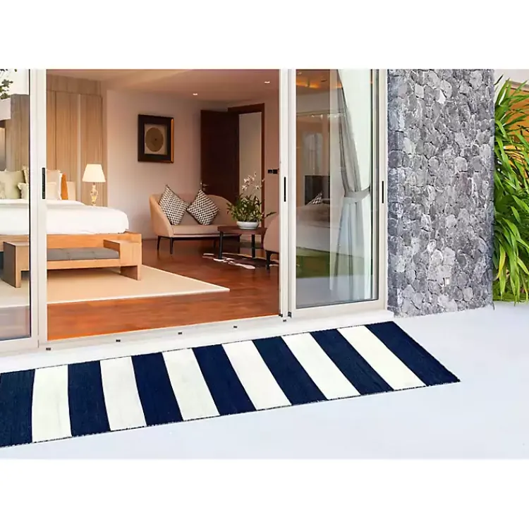 Outdoor Rugs-Kirklands Home Navy Cabana Stripe Indoor/Outdoor Runner, 2x8