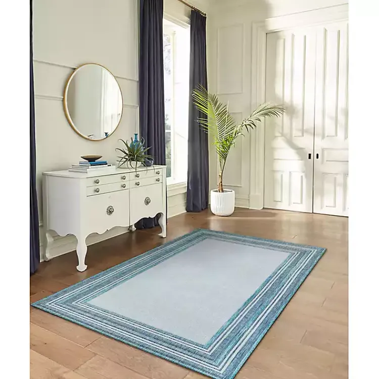 Outdoor Rugs-Kirklands Home Ocean Blue Threaded Frame Outdoor Area Rug, 4x7