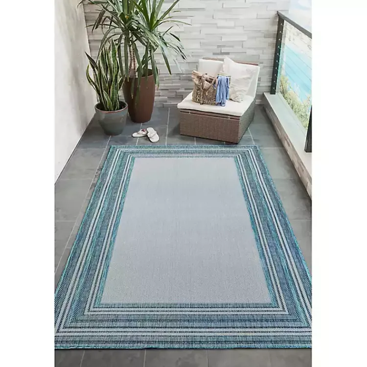 Outdoor Rugs-Kirklands Home Seaglass Lined Frame Outdoor Area Rug, 6x9 Blue