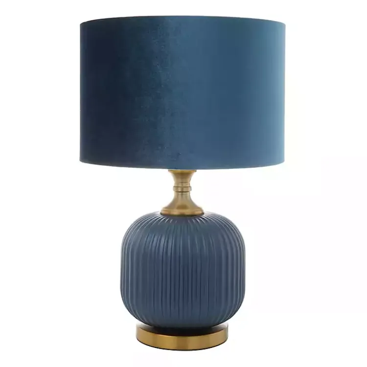 Table Lamps-Kirklands Home Glass Base Round Velvet Shade Table Lamp Blue