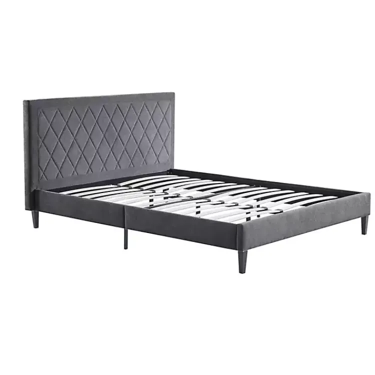 Beds & Headboards-Kirklands Home Viv Charcoal Diamond Tufted Queen Bed Frame Gray