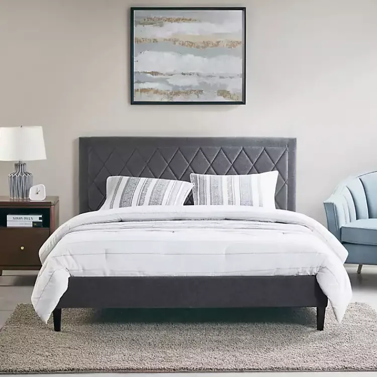 Beds & Headboards-Kirklands Home Viv Charcoal Diamond Tufted Queen Bed Frame Gray