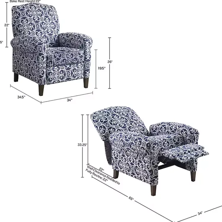 Accent Chairs-Kirklands Home Sky Fretwork Upholstered High Back Recliner Blue