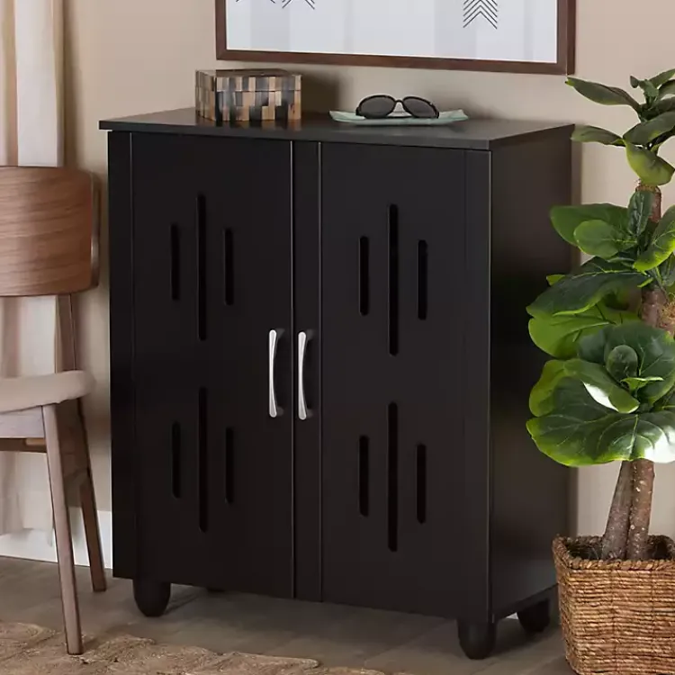 Entryway Furniture-Kirklands Home Wood Cut-Out Shoe Storage Cabinet Black