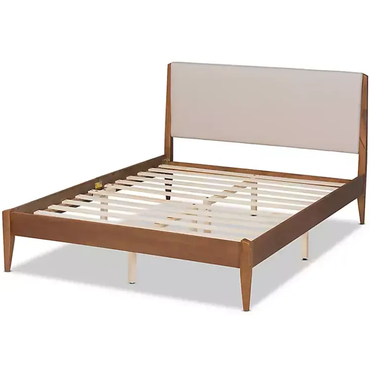 Beds & Headboards-Kirklands Home Tan Upholstered Brown Wood King Platform Bed