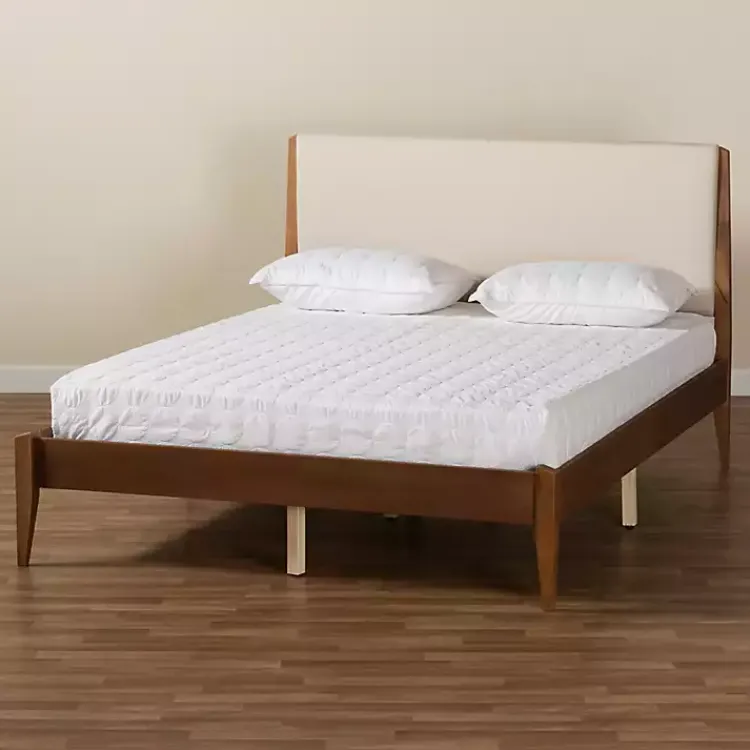 Beds & Headboards-Kirklands Home Tan Upholstered Brown Wood King Platform Bed