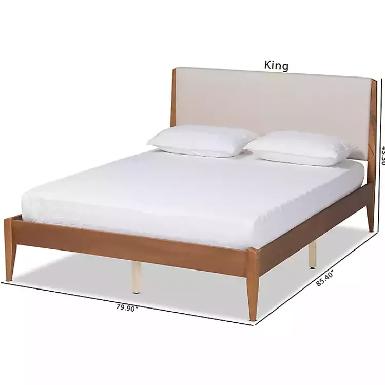 Beds & Headboards-Kirklands Home Tan Upholstered Brown Wood King Platform Bed