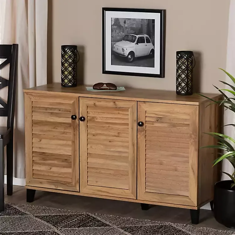 Entryway Furniture-Kirklands Home Oak 3-Door Slatted Shoe Storage Cabinet Brown