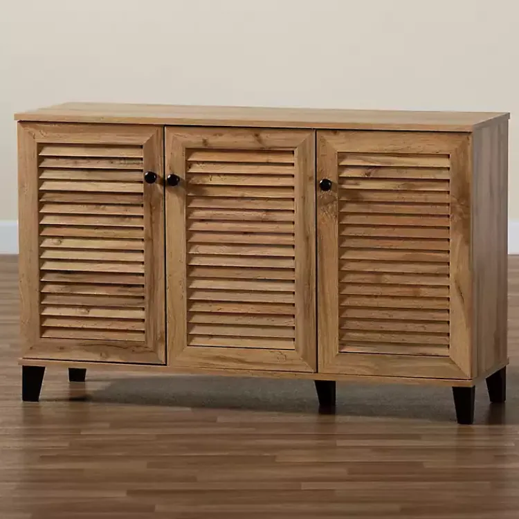 Entryway Furniture-Kirklands Home Oak 3-Door Slatted Shoe Storage Cabinet Brown