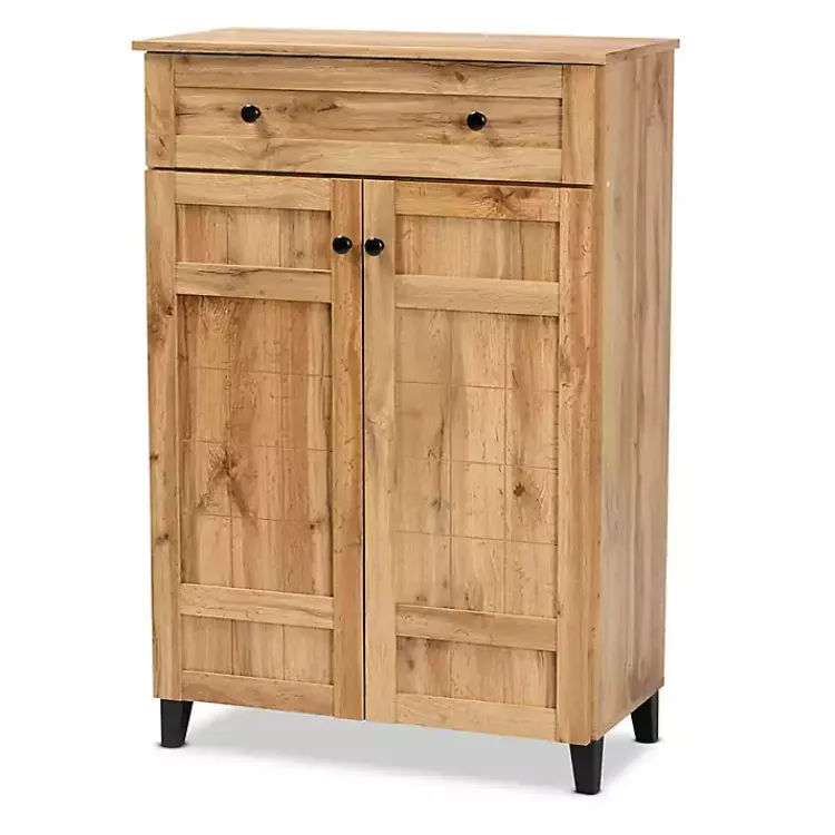Entryway Furniture-Kirklands Home Oak 2-Door Grid Shoe Storage Cabinet Tan