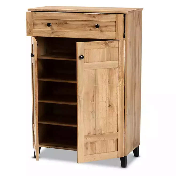 Entryway Furniture-Kirklands Home Oak 2-Door Grid Shoe Storage Cabinet Tan