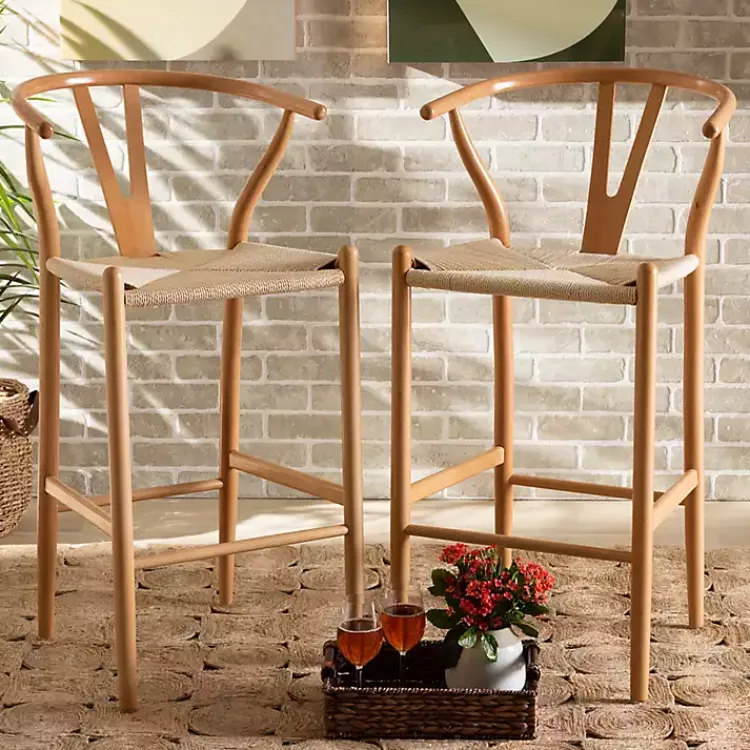 Bar Stools & Counter Height Stools-Kirklands Home Natural Wood Woven Yarn Seat Bar Stools, Set of 2 Tan
