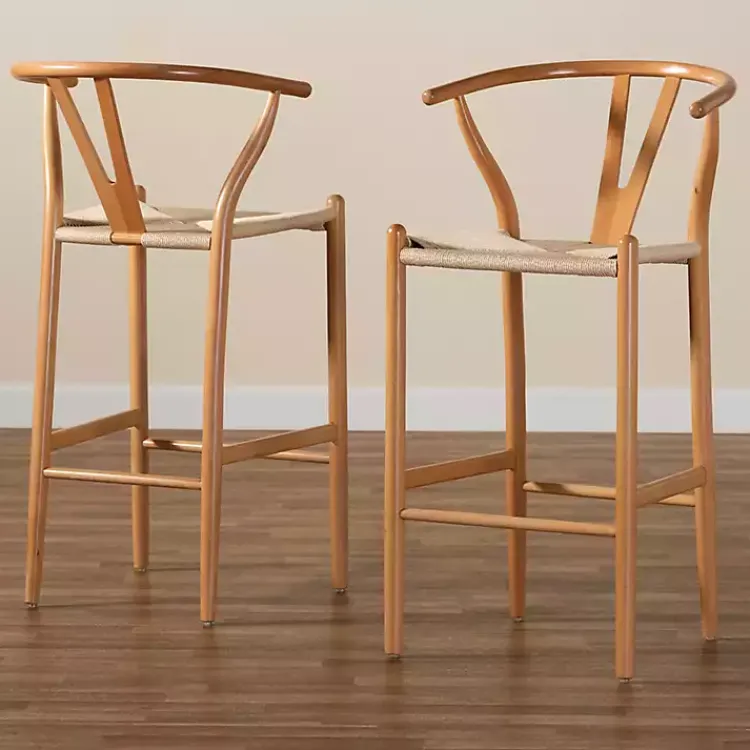Bar Stools & Counter Height Stools-Kirklands Home Natural Wood Woven Yarn Seat Bar Stools, Set of 2 Tan