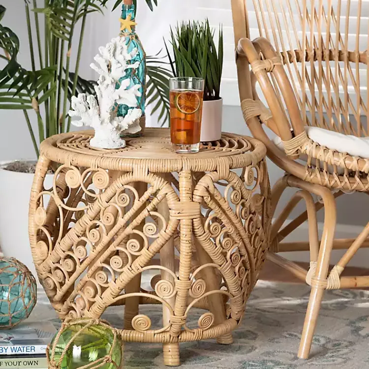 Accent & End Tables-Kirklands Home Natural Rat Open Woven Accent Table Tan