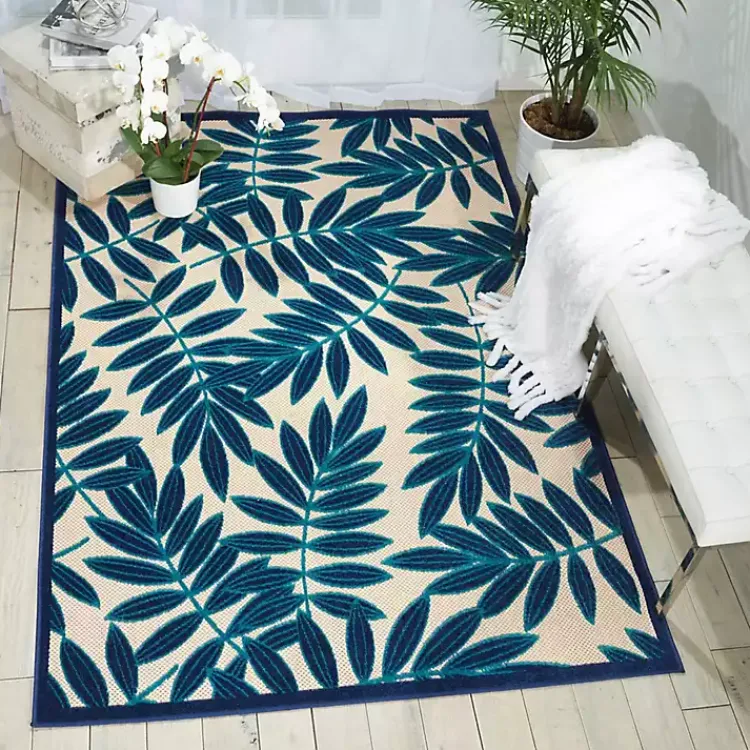 Outdoor Rugs-Kirklands Home Navy Botanical Leaves Outdoor Area Rug, 9x13