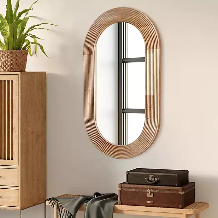 Decorative Mirrors-Kirklands Home Pill Capsule Oval Shaped Wood Wall Mirror