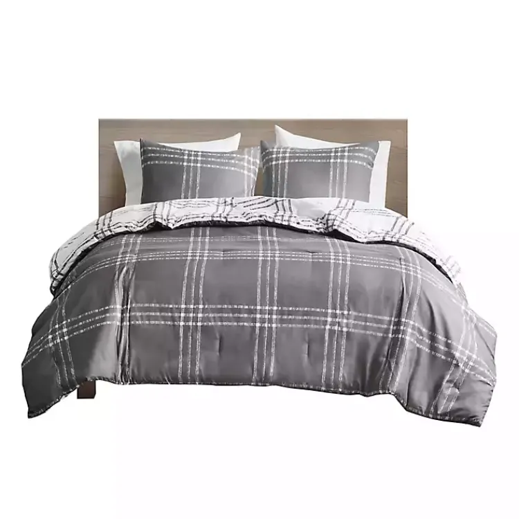 Comforters-Kirklands Home Gray Plaid Dayton 3-pc. King Comforter Set