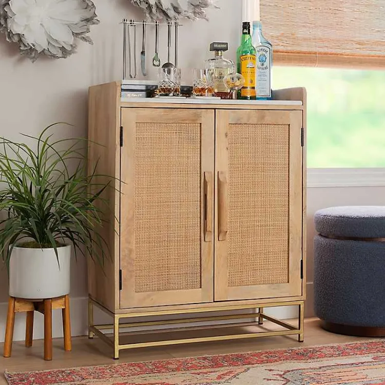 Cabinets & Sideboards-Kirklands Home Natural Marble Rattan Front Bar Cabinet