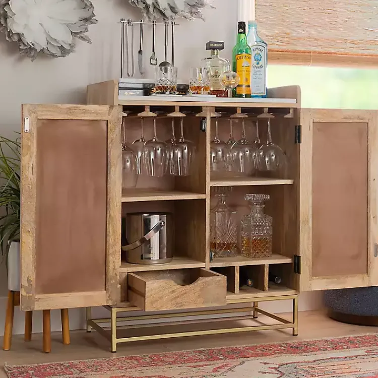 Cabinets & Sideboards-Kirklands Home Natural Marble Rattan Front Bar Cabinet