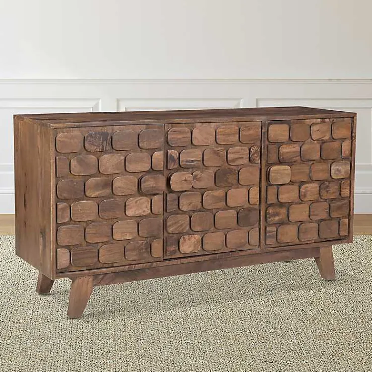 Cabinets & Sideboards-Kirklands Home Brown Carved Wood Woven 3-Door Sideboard