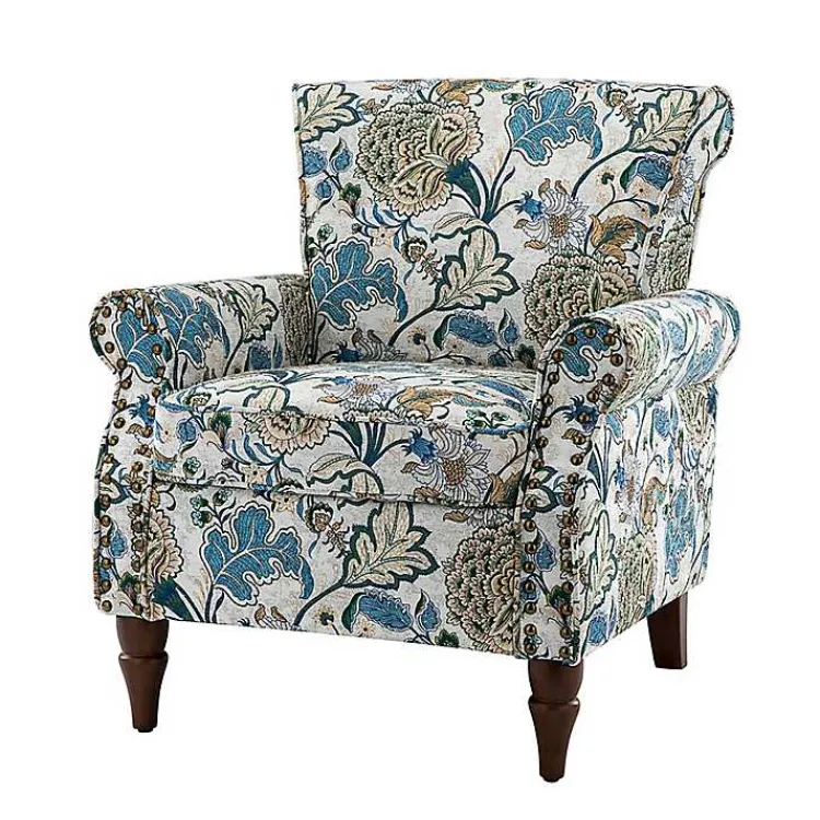 Accent Chairs-Kirklands Home Blue and Green Floral Upholstered Accent Chair