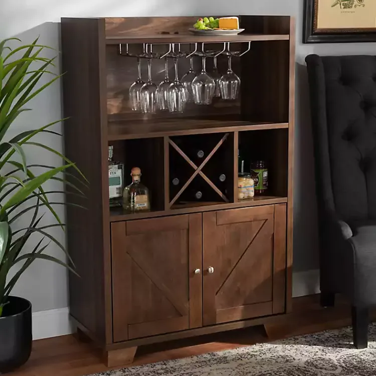 Cabinets & Sideboards-Kirklands Home Walnut Brown Open Shelf Wine Cabinet