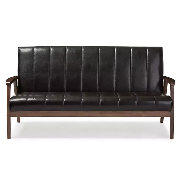 Sofas & Loveseats-Kirklands Home Dark Faux Leather Channel Sofa, 63 in. Brown
