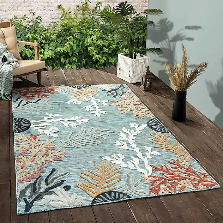Outdoor Rugs-Kirklands Home Teal Coral Reef Area Rug, 5x7 Blue