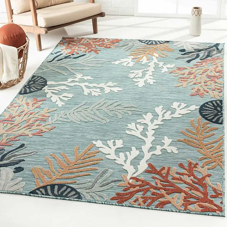 Outdoor Rugs-Kirklands Home Teal Coral Reef Area Rug, 5x7 Blue