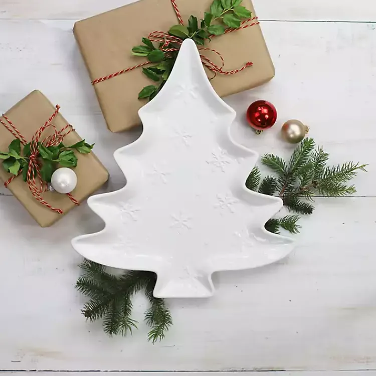 Serving & Entertaining-Kirklands Home Christmas Tree & Snowflakes Serving Platter White