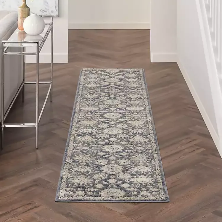 Area Rugs-Kirklands Home Smokey Blue and Ivory Floral Runner, 2x7