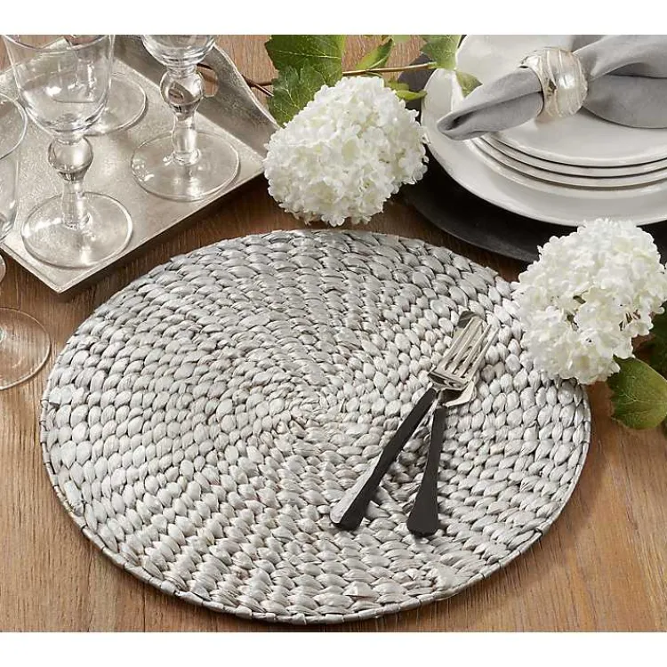 Table Linens-Kirklands Home Round Woven Rattan Placemats, Set of 4 Silver
