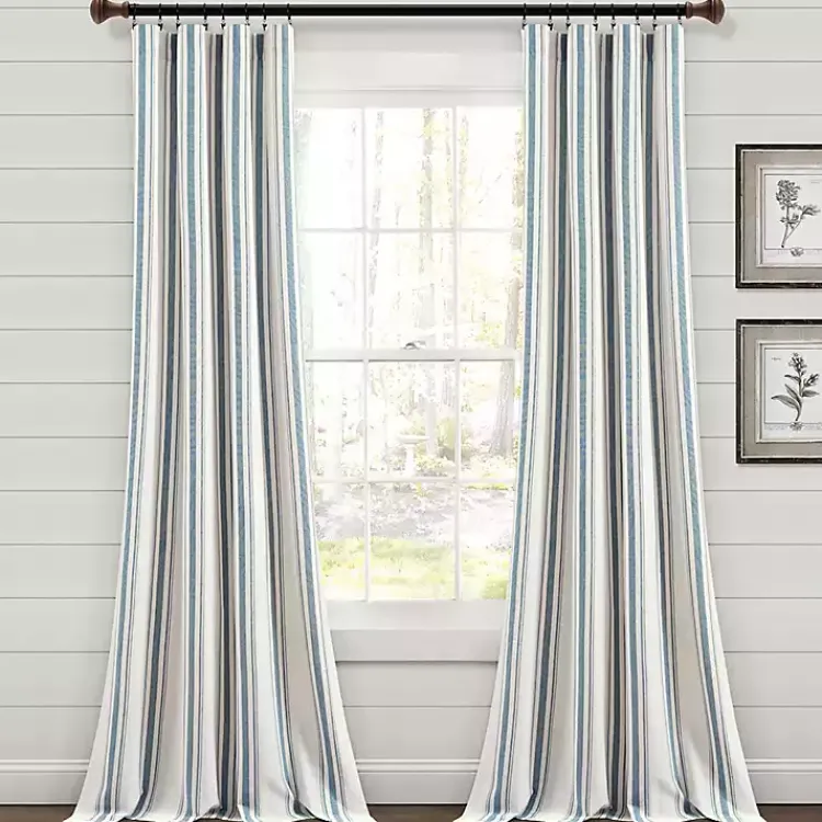 Curtains & Drapes-Kirklands Home Stripe Farmhouse Curtain Panel Set, 95 in. Blue