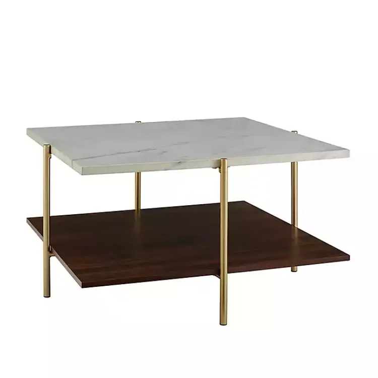 Coffee Tables-Kirklands Home White Faux Marble and Brown Wood Coffee Table