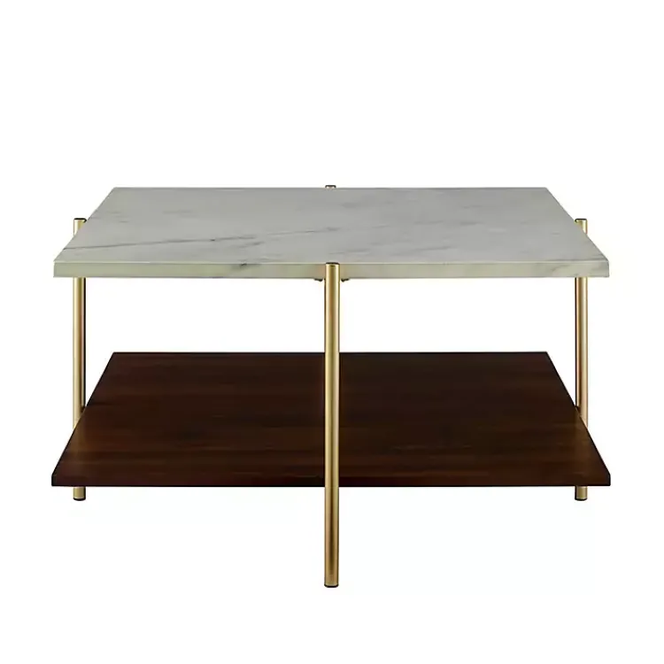 Coffee Tables-Kirklands Home White Faux Marble and Brown Wood Coffee Table