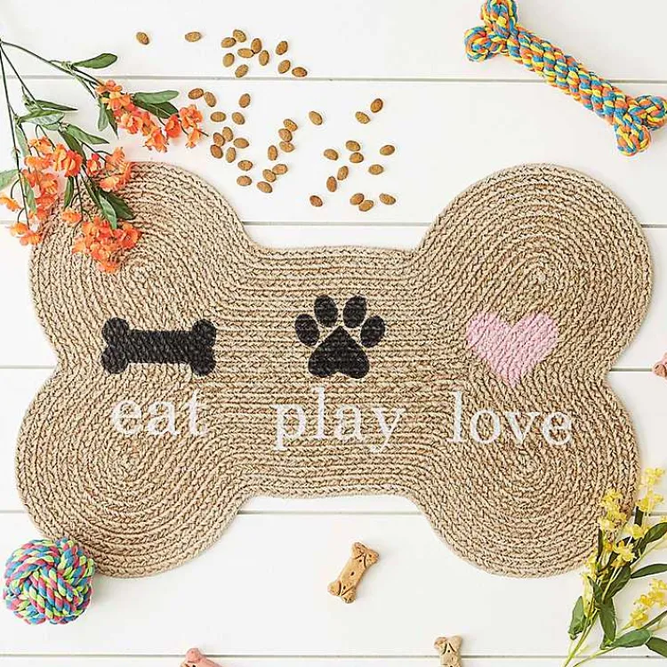 Kitchen & Floor Mats-Kirklands Home Eat Play Love Bone-Shaped Pet Bowl Mat Tan