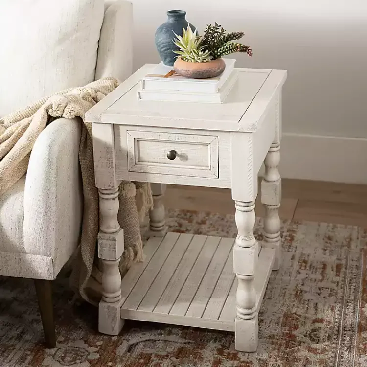 Accent & End Tables-Kirklands Home Savannah Cream Distressed Side Table Ivory
