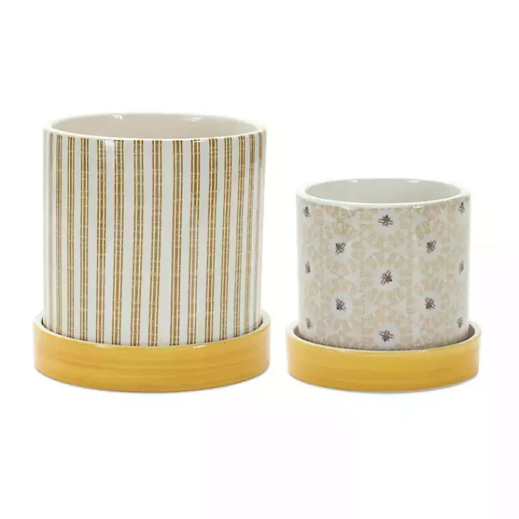 Planters-Kirklands Home Yellow Striped and Bee Decorative Pots, Set of 2