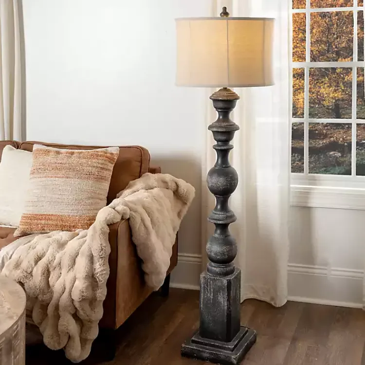 Floor Lamps-Kirklands Home Black Distressed Carved Floor Lamp Tan