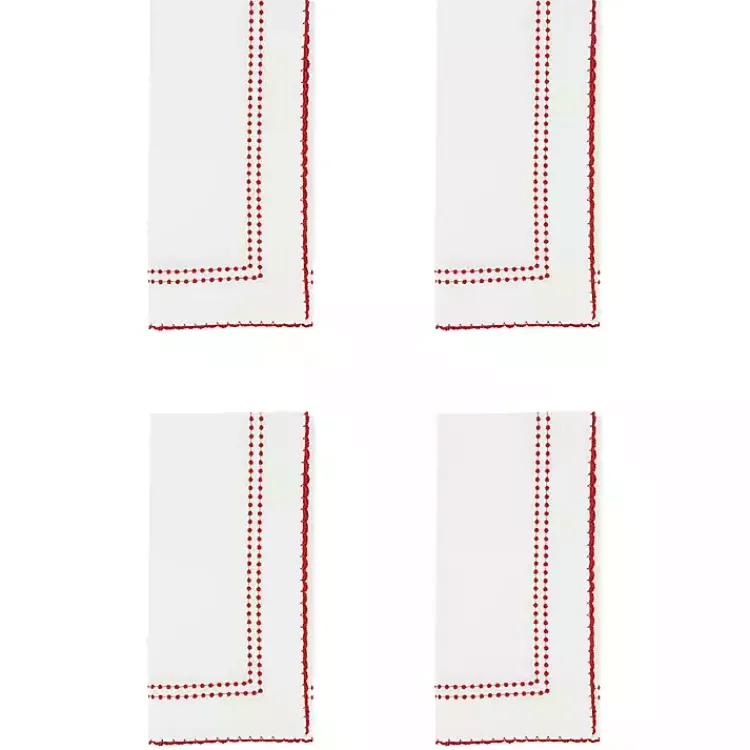 Table Linens-Kirklands Home Red Border Embroidered Napkins, Set of 4