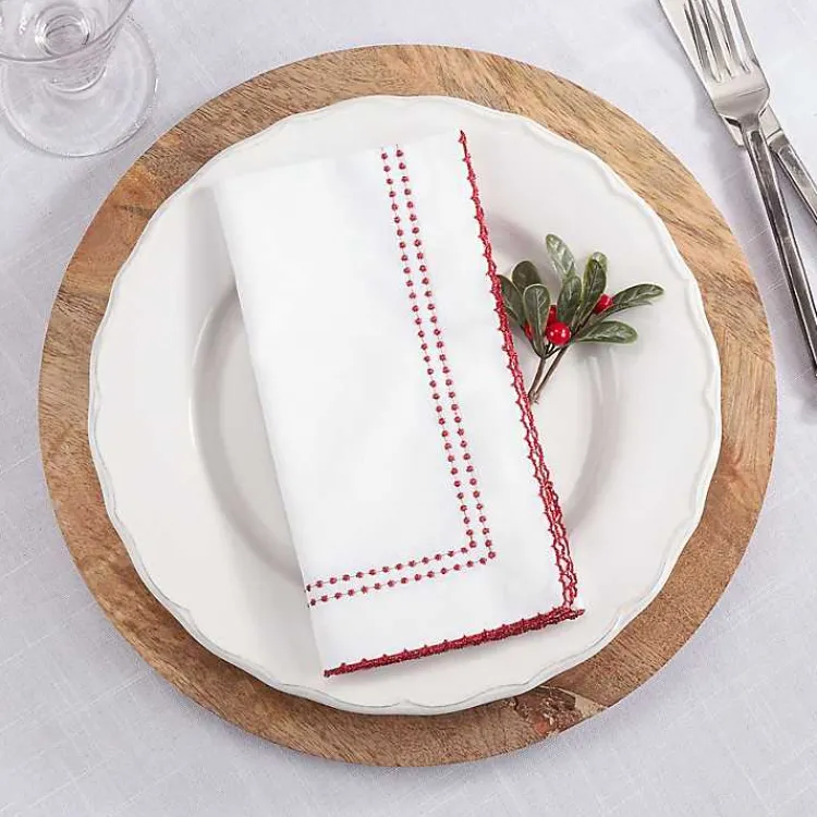 Table Linens-Kirklands Home Red Border Embroidered Napkins, Set of 4