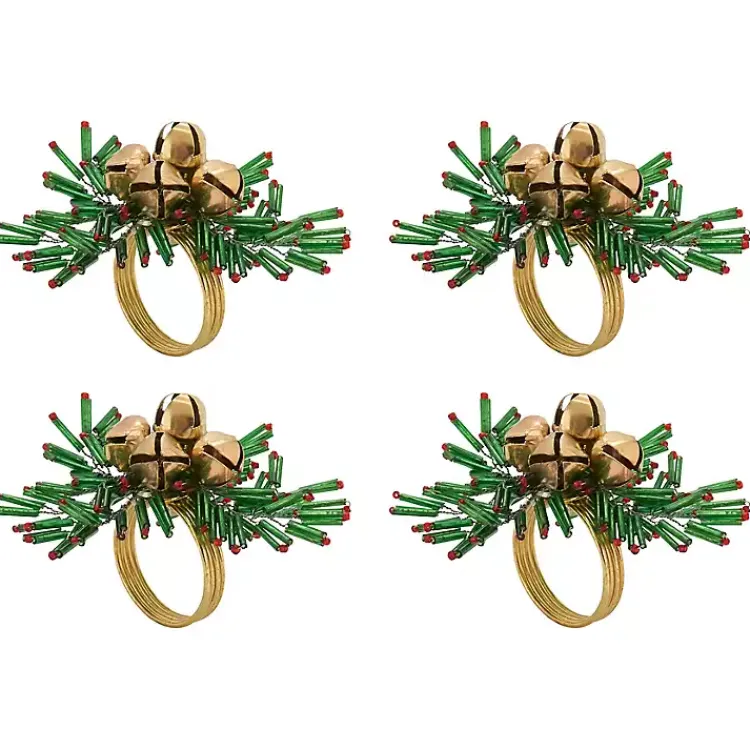 Kitchen Accessories-Kirklands Home Gold Bells and Holly Napkin Rings, Set of 4