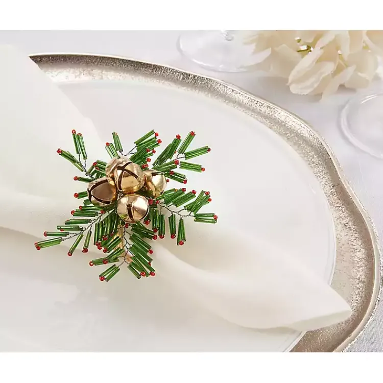 Kitchen Accessories-Kirklands Home Gold Bells and Holly Napkin Rings, Set of 4