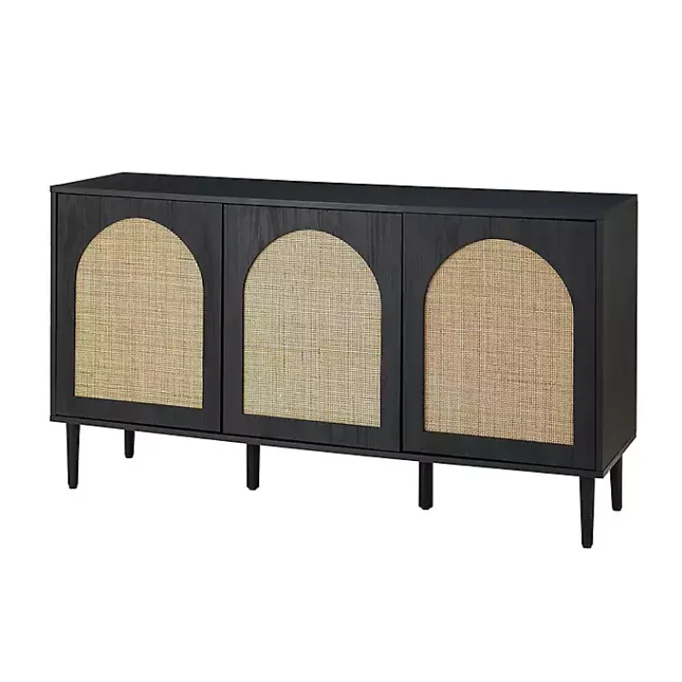 Cabinets & Sideboards-Kirklands Home Black Wood and Cane Arched Sideboard Cabinet