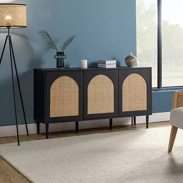 Cabinets & Sideboards-Kirklands Home Black Wood and Cane Arched Sideboard Cabinet
