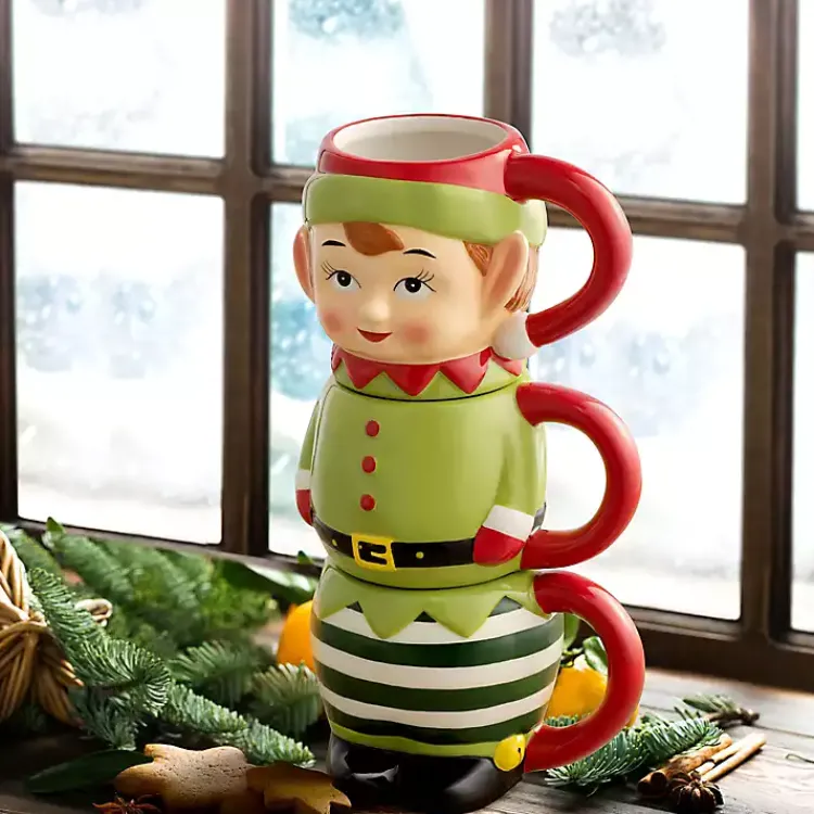 Glassware & Drinkware-Kirklands Home Elf Christmas Mugs, Set of 3 Green