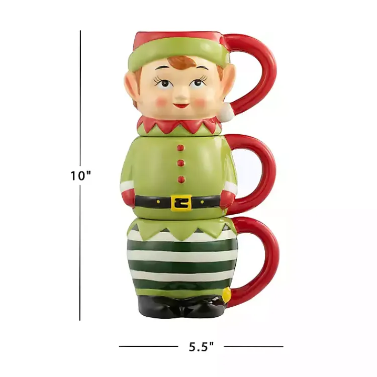 Glassware & Drinkware-Kirklands Home Elf Christmas Mugs, Set of 3 Green