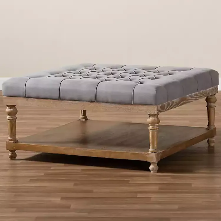 Benches & Ottomans-Kirklands Home Upholstered Linen Tufted Ottoman with Shelf Gray