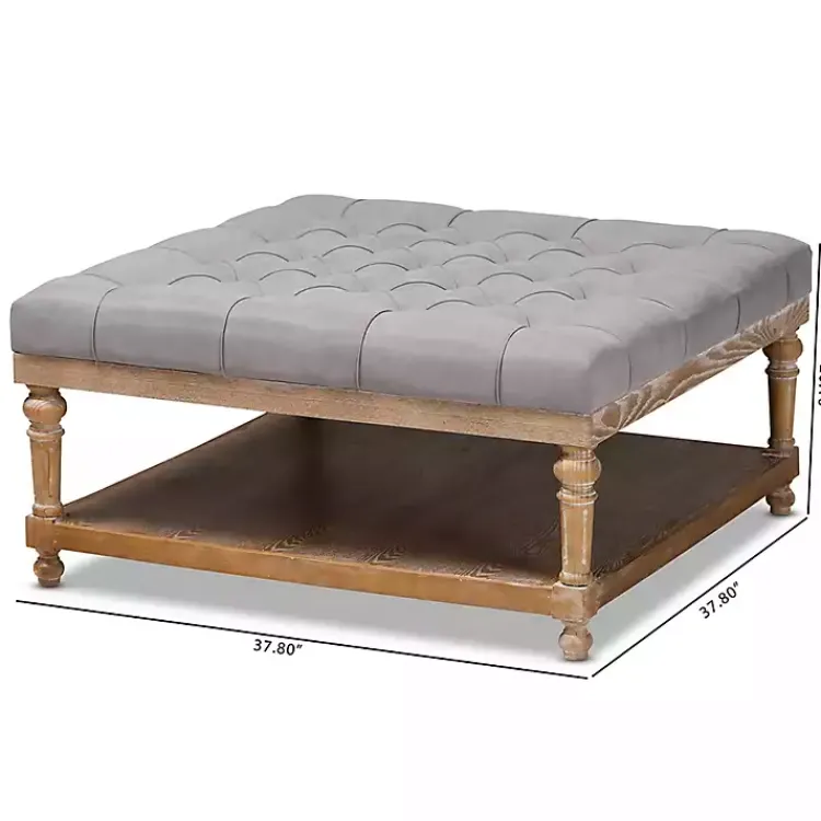 Benches & Ottomans-Kirklands Home Upholstered Linen Tufted Ottoman with Shelf Gray